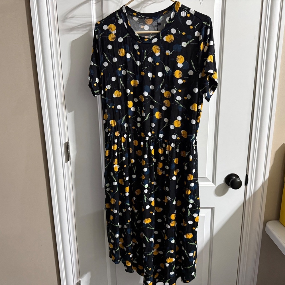 Simier Fariry Midi Dress Womens XL Black Floral Polka Dot Short Sleeve Casual